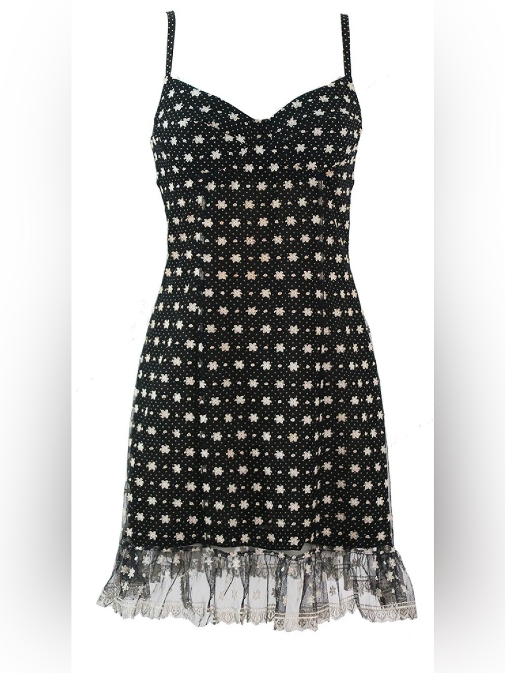 Kenzo vintage Black & White Polka Dot Strappy Mini Dress with Floral Lace